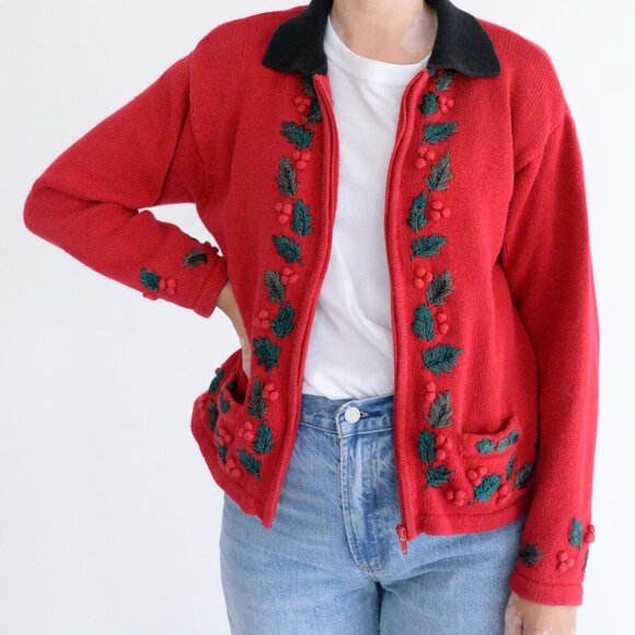 Vintage Dress Barn Christmas Holly Knit Zip Up Cardigan Sweater XL - Picture 1 of 10
